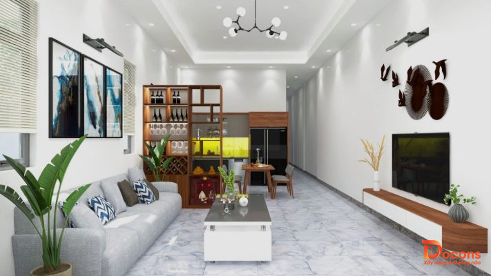 Thi công nhà cấp 4 có kiến trúc đẹp hiện đại tại Lâm Đồng - 3d ảnh nội thất phòng khách và bếp